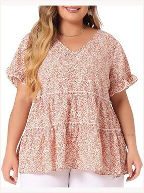 Plus Size Womens Boho Floral Blouse V Neck Short Sleeve Tunic Top